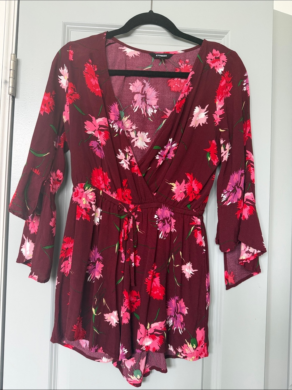 Express Floral Wrap Romper in Burgundy with Pink & Red Blossoms